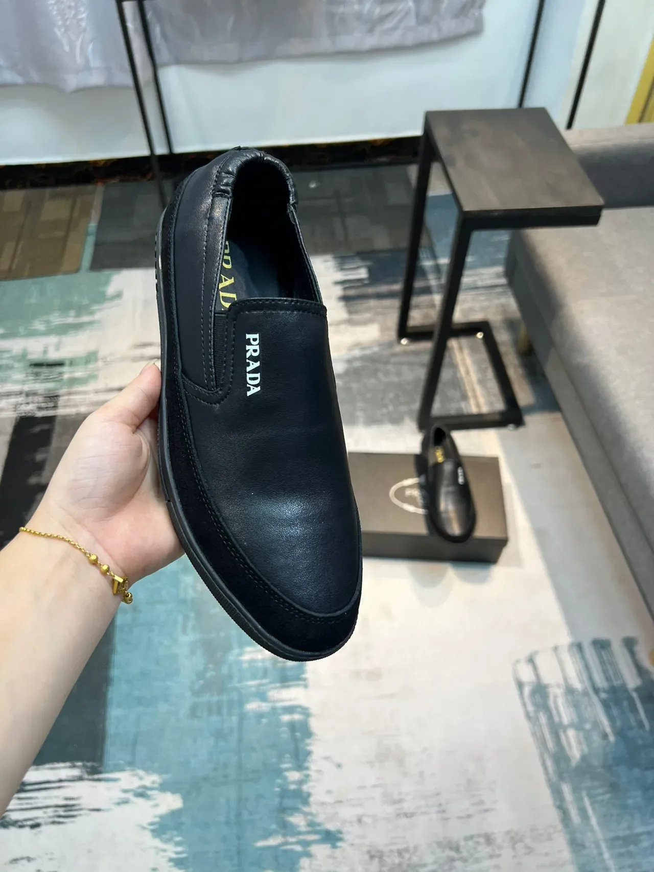 Prada Loafer Black Leather Slip-On Moc-Toe Stitching Loafer 5