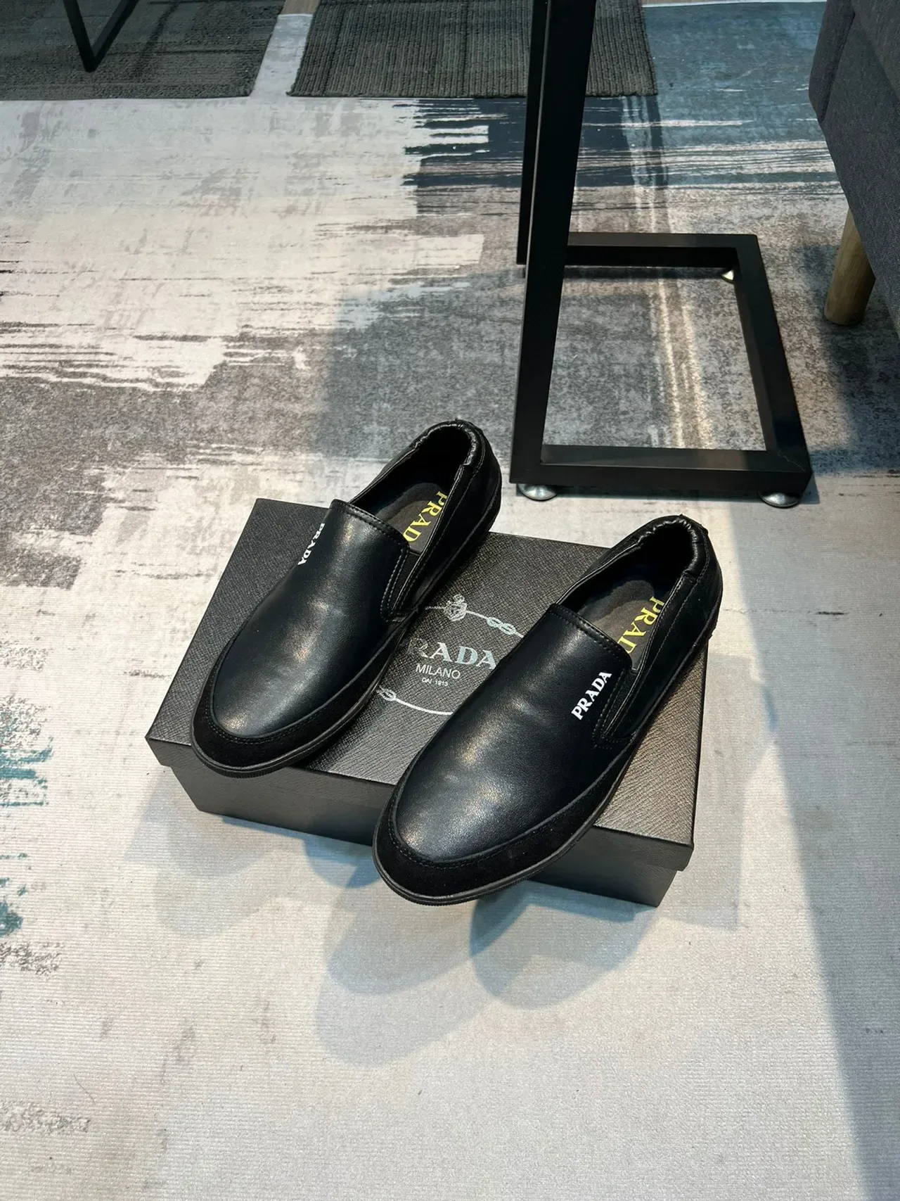 Prada Loafer Black Leather Slip-On Moc-Toe Stitching Loafer 6