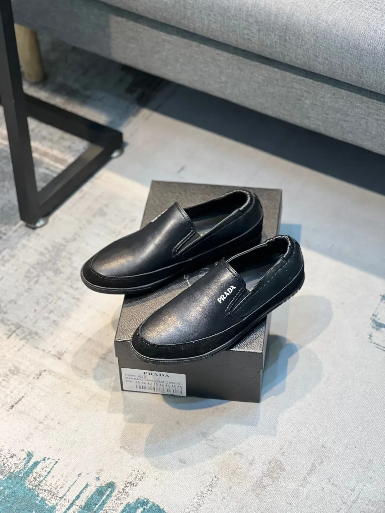 Prada Loafer Black Leather Slip-On Moc-Toe Stitching Loafer 7