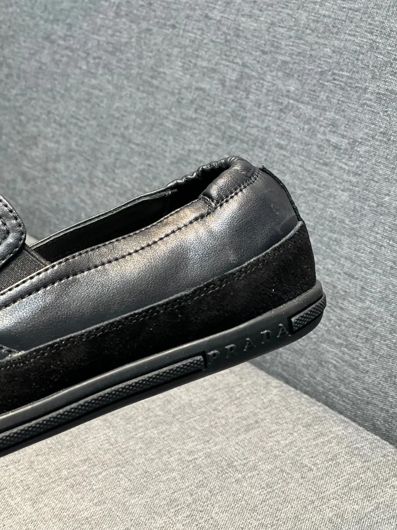 Prada Loafer Black Leather Slip-On Moc-Toe Stitching Loafer 8