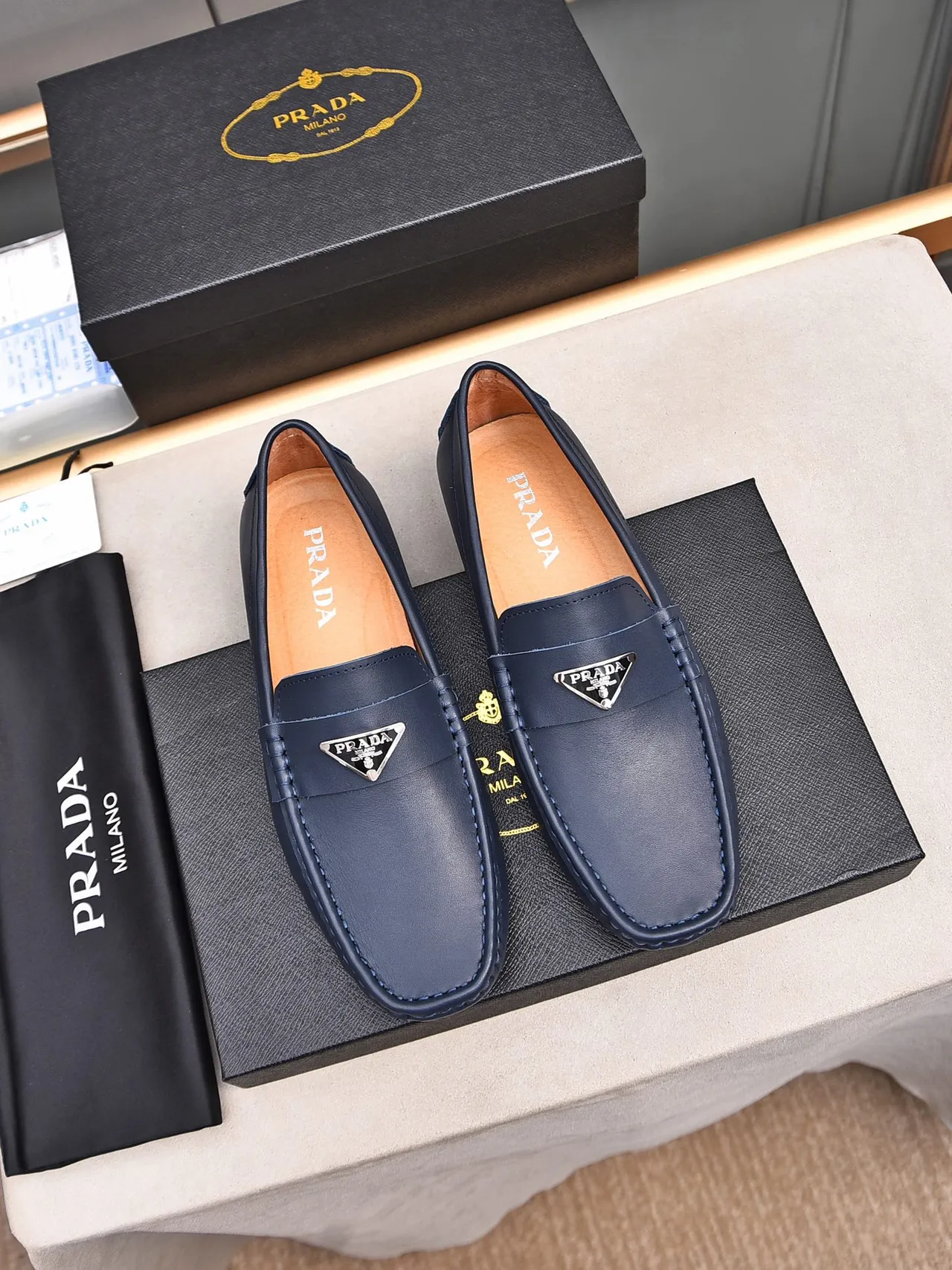 Prada Loafer Navy Leather Penny Strap Moc-Toe Loafer 2