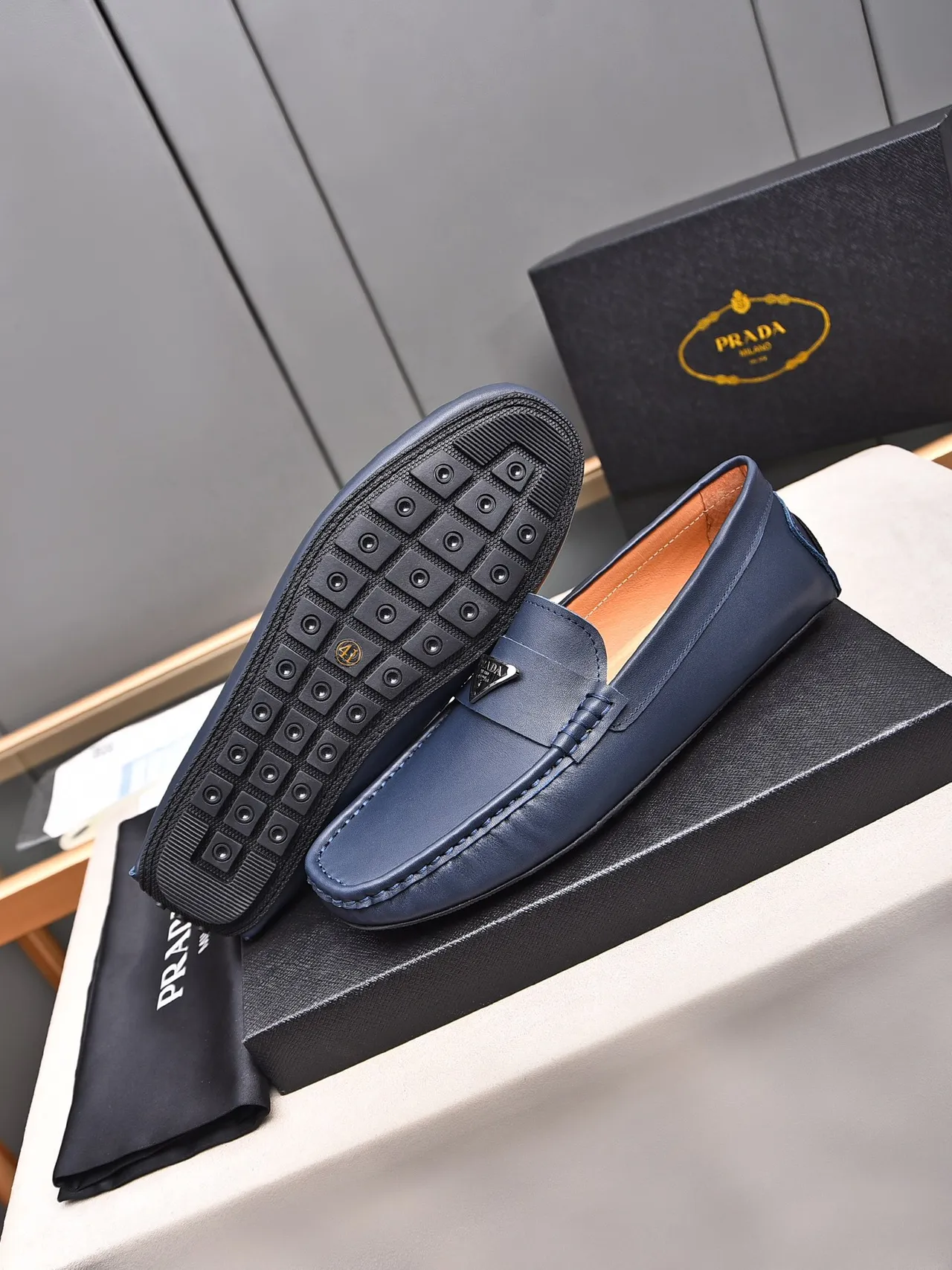 Prada Loafer Navy Leather Penny Strap Moc-Toe Loafer 4