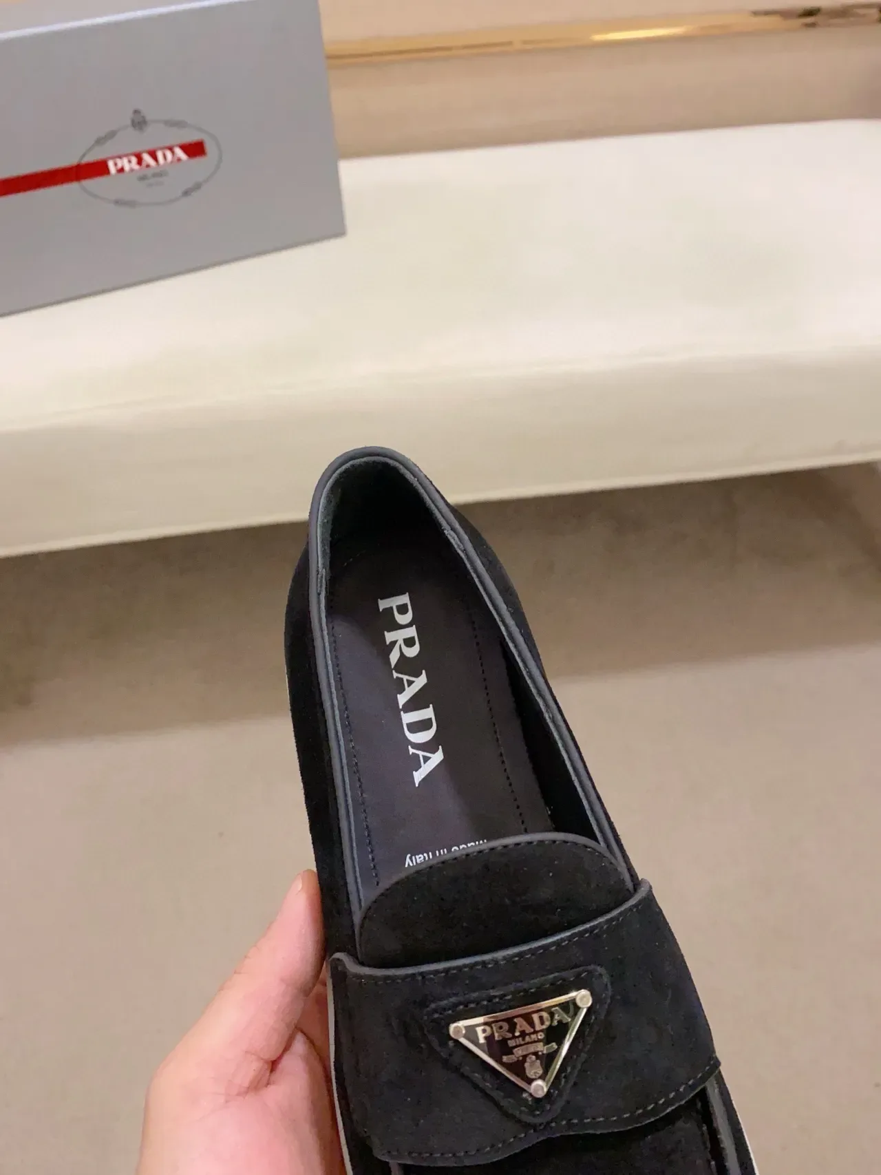 Prada Logo Loafer Black Suede White Sole Loafers 4