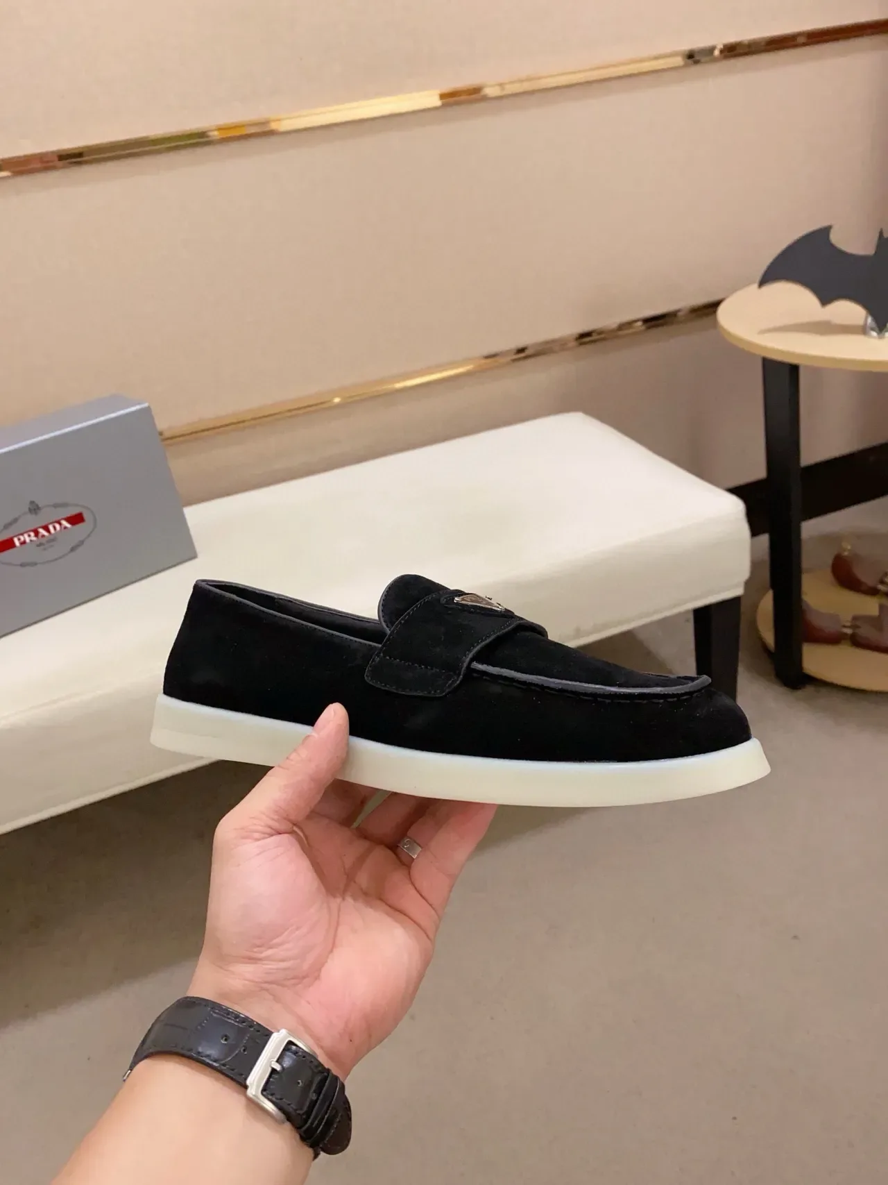 Prada Logo Loafer Black Suede White Sole Loafers 5