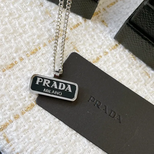 Prada Logo Tag Black Silver Rectangular Pendant Enamel Inlay Necklace 2