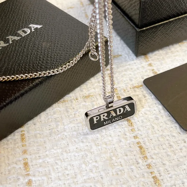 Prada Logo Tag Black Silver Rectangular Pendant Enamel Inlay Necklace 3