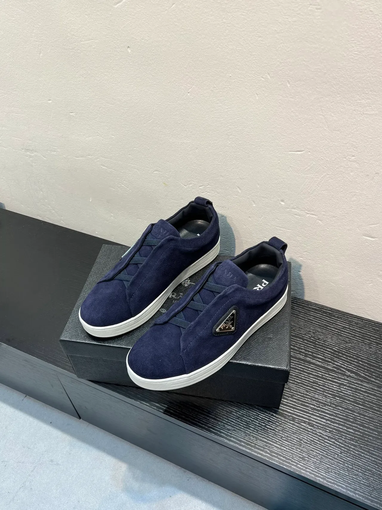 Prada Navy White Suede Upper Slip-On Construction Lifestyle Sneakers 3