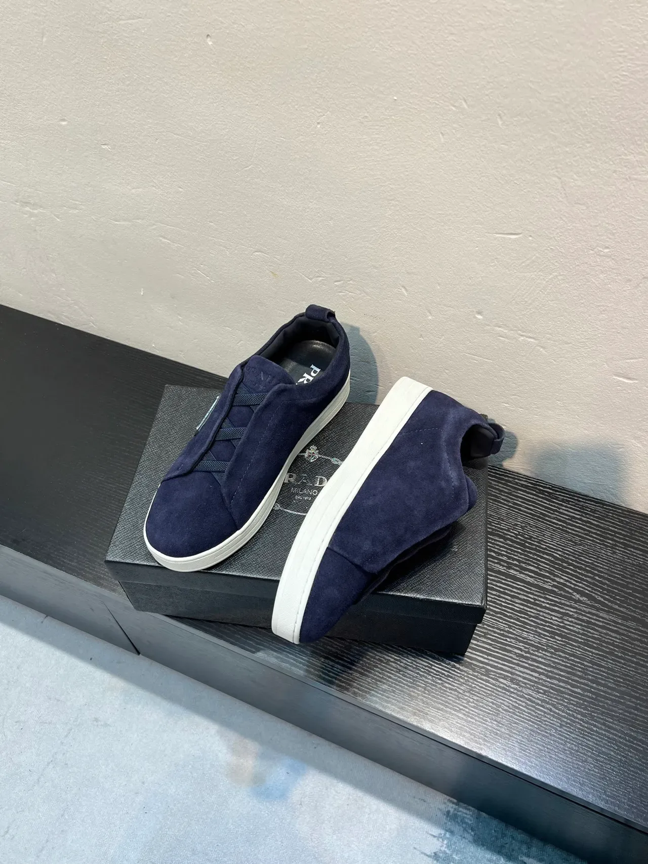 Prada Navy White Suede Upper Slip-On Construction Lifestyle Sneakers 4