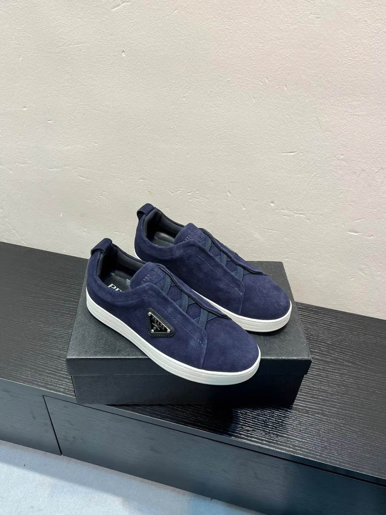 Prada Navy White Suede Upper Slip-On Construction Lifestyle Sneakers 5