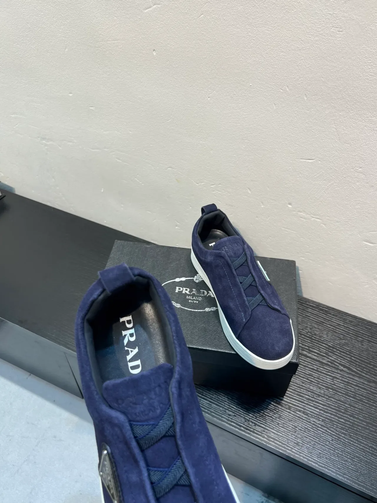 Prada Navy White Suede Upper Slip-On Construction Lifestyle Sneakers 7