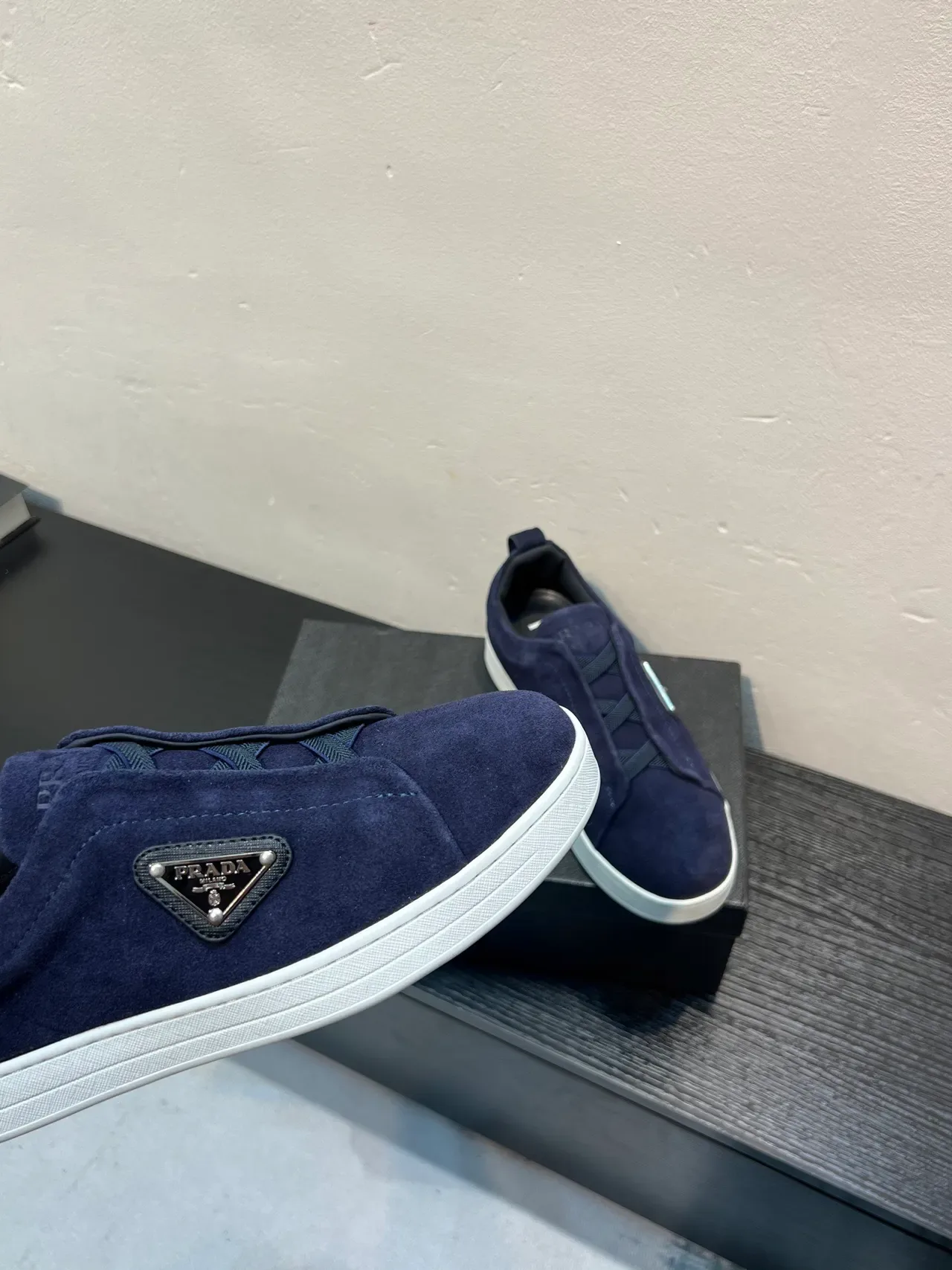 Prada Navy White Suede Upper Slip-On Construction Lifestyle Sneakers 8
