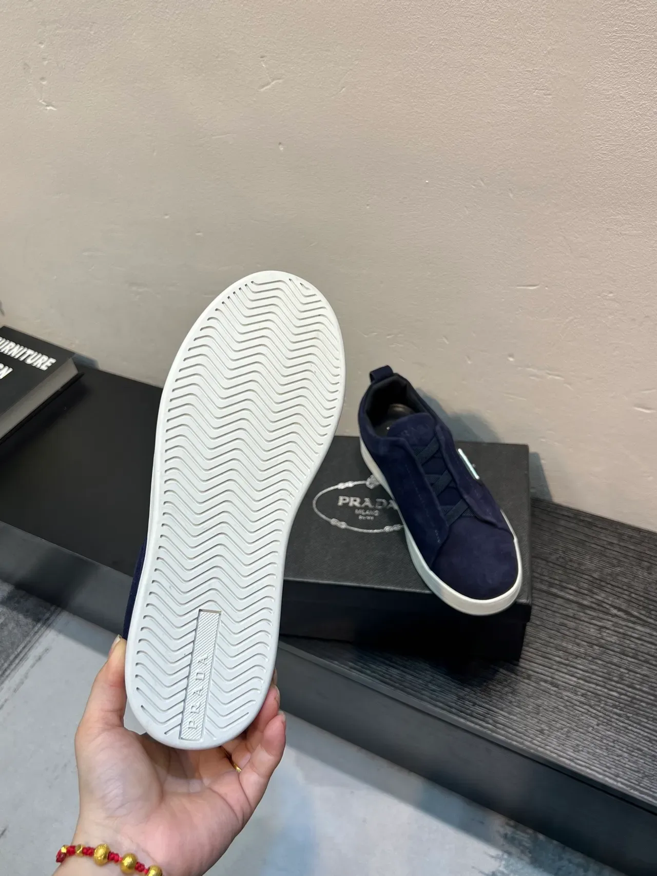 Prada Navy White Suede Upper Slip-On Construction Lifestyle Sneakers 9