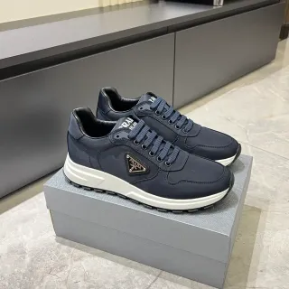 Prada Navy White سنيكرز أعلى نسيجي ميد سول مصقول نمط حياة