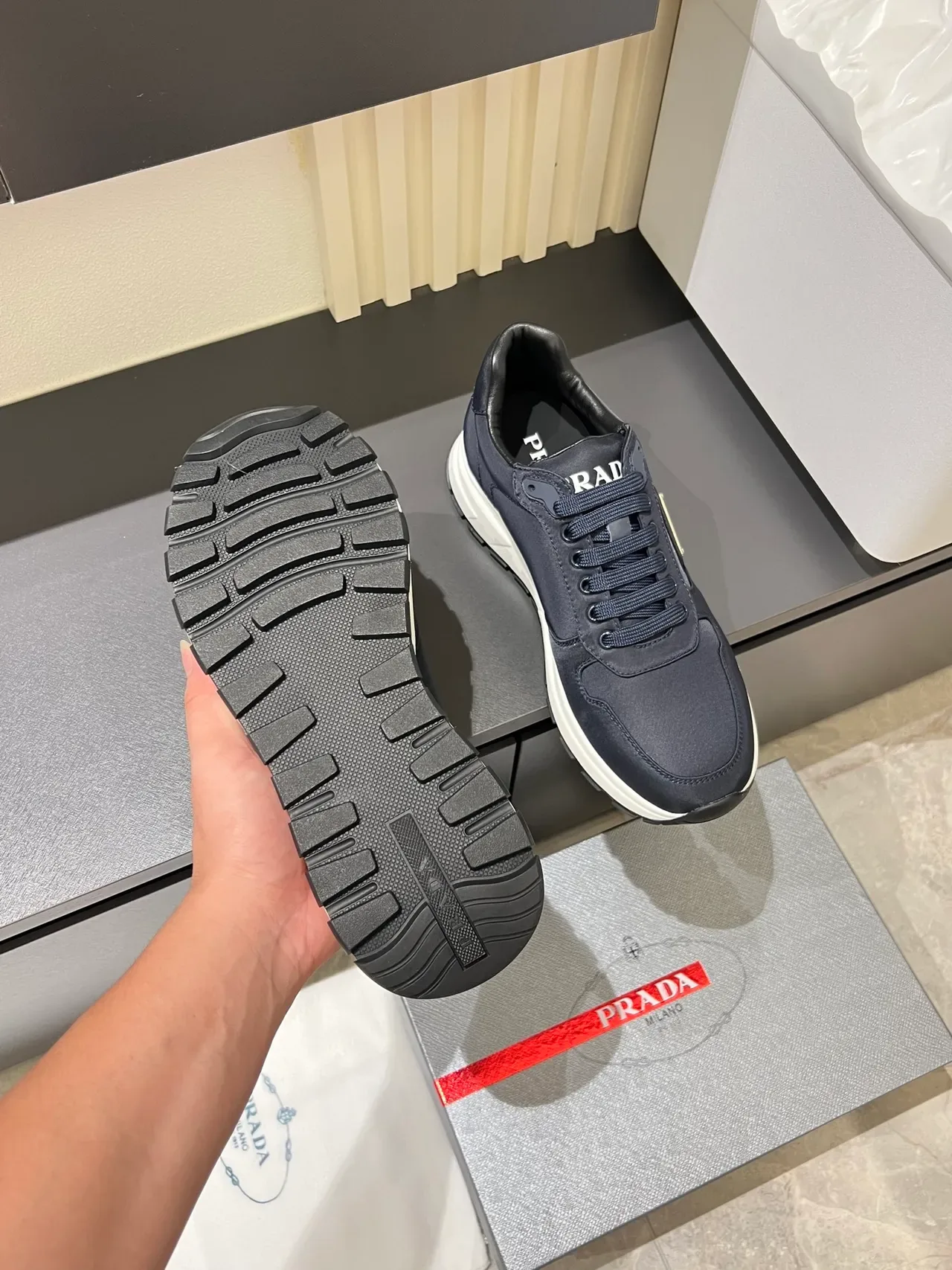 Prada Navy White Textile Upper Sculpted Midsole Lifestyle Sneakers 3