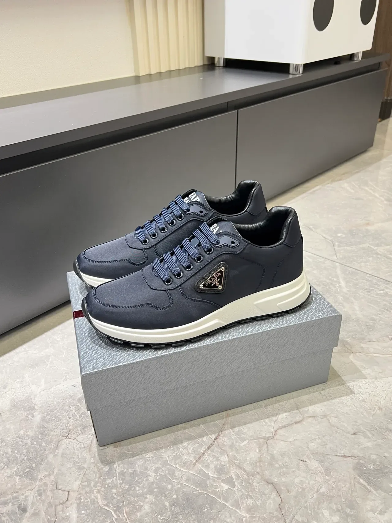 Prada Navy White Textile Upper Sculpted Midsole Lifestyle Sneakers 4