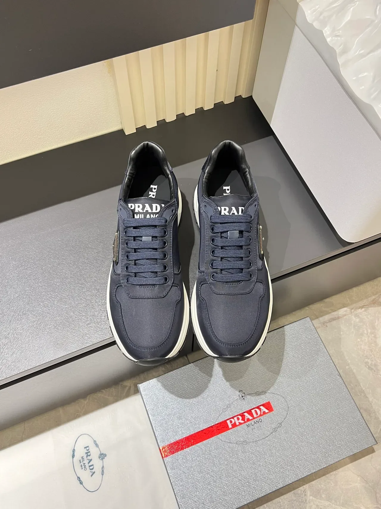 Prada Navy White Textile Upper Sculpted Midsole Lifestyle Sneakers 5