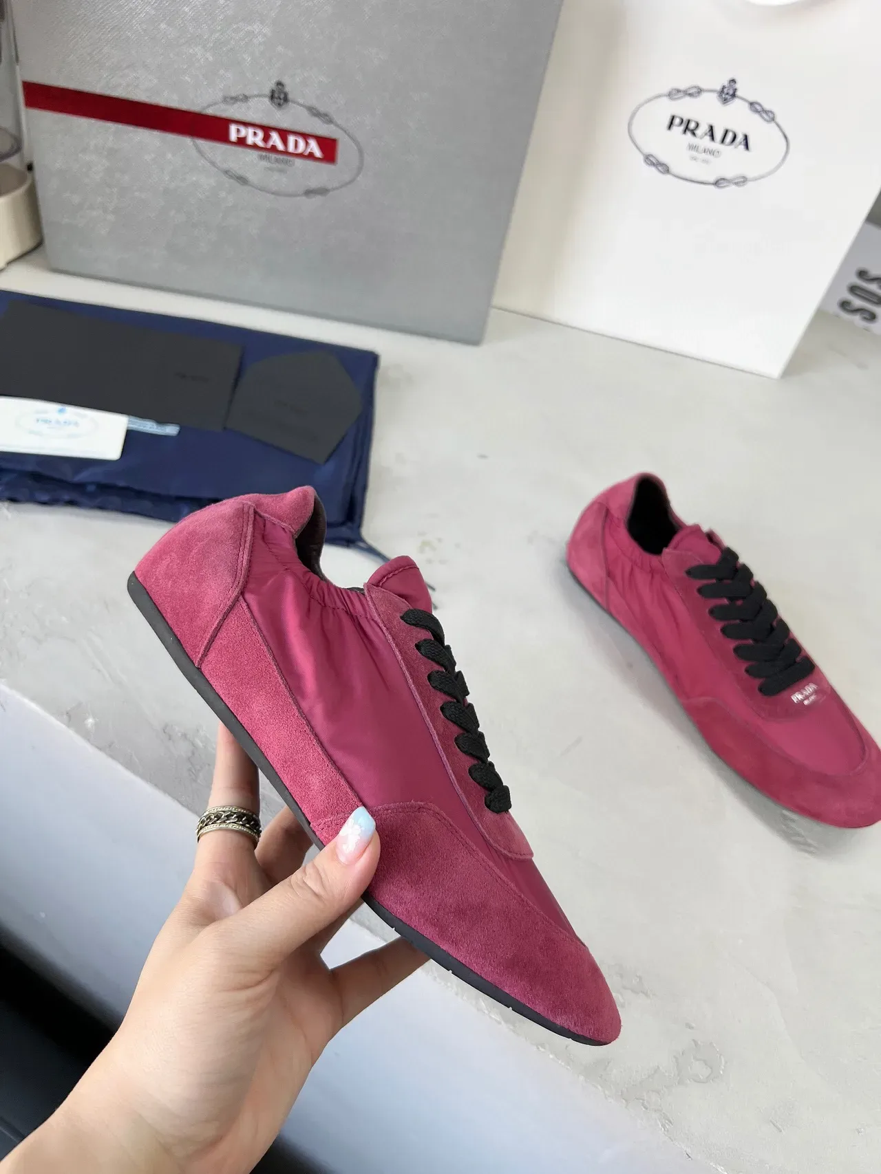 Prada Pink Black Two-Tone Suede And Nylon Elasticated Ankle Collar Lifestyle Sneakers 3
