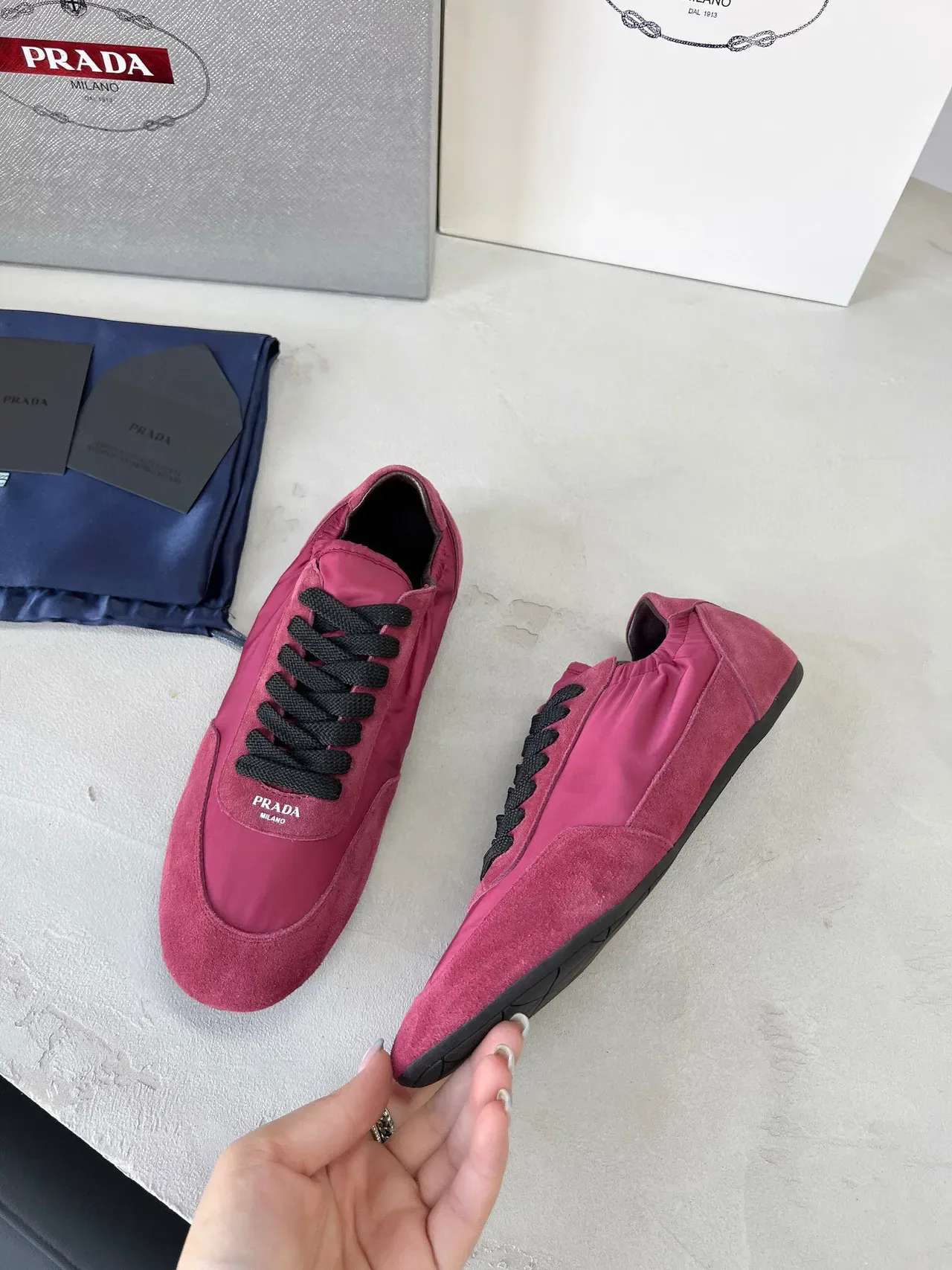 Prada Pink Black Two-Tone Suede And Nylon Elasticated Ankle Collar Lifestyle Sneakers 4