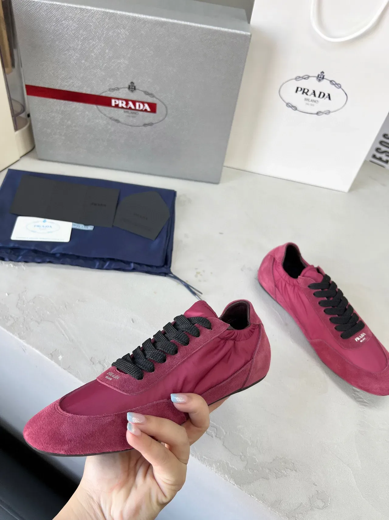 Prada Pink Black Two-Tone Suede And Nylon Elasticated Ankle Collar Lifestyle Sneakers 6