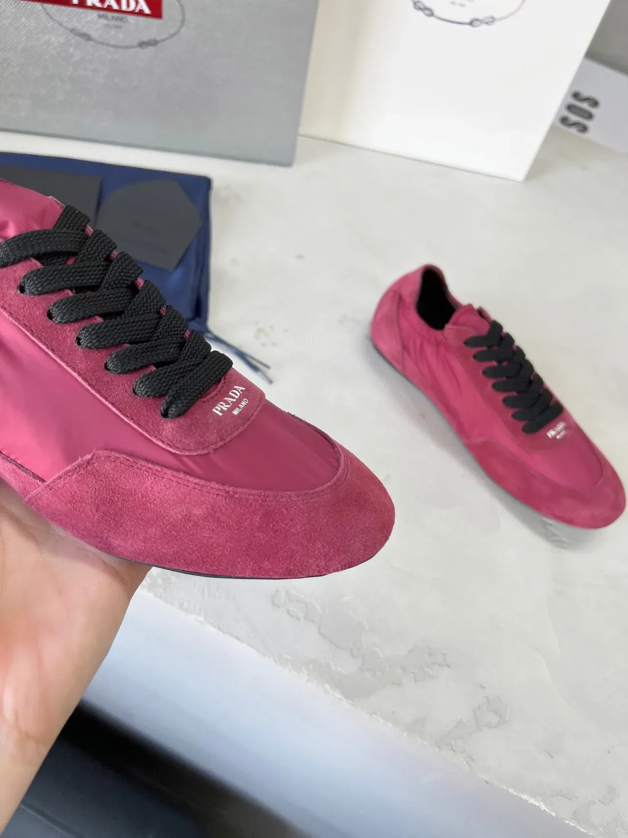 Prada Pink Black Two-Tone Suede And Nylon Elasticated Ankle Collar Lifestyle Sneakers 7