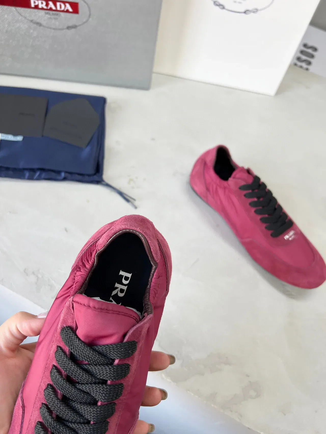 Prada Pink Black Two-Tone Suede And Nylon Elasticated Ankle Collar Lifestyle Sneakers 8