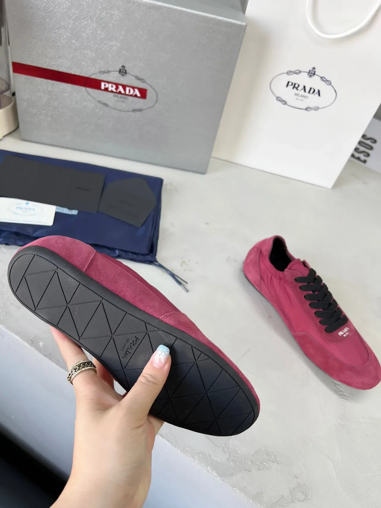 Prada Pink Black Two-Tone Suede And Nylon Elasticated Ankle Collar Lifestyle Sneakers 9
