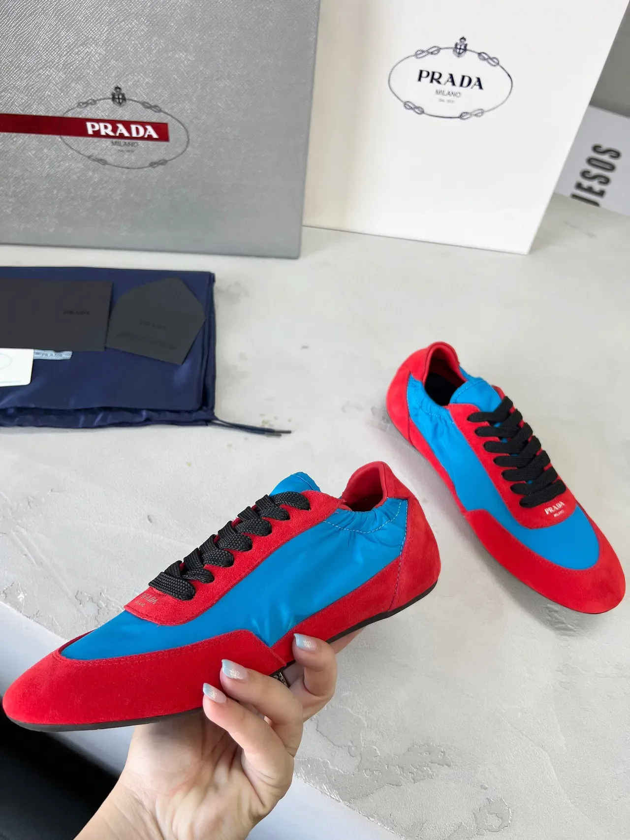 Prada Red and Blue Nylon Suede Lifestyle Sneakers 5