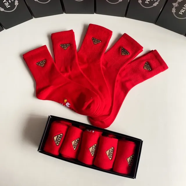 Prada Red Gold Crew-Length Ribbed Cuff Socks 3