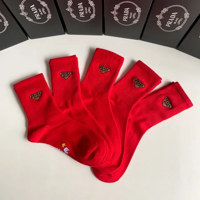 Prada Red Gold Crew-Length Ribbed Cuff Socks 4