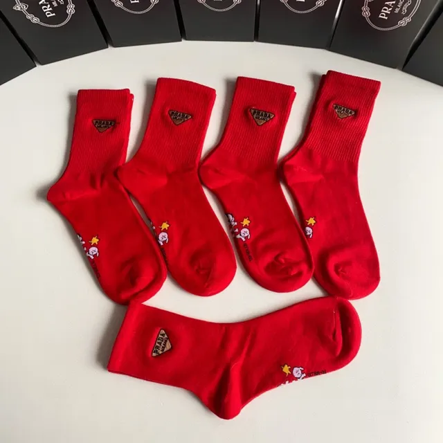 Prada Red Gold Crew-Length Ribbed Cuff Socks 9