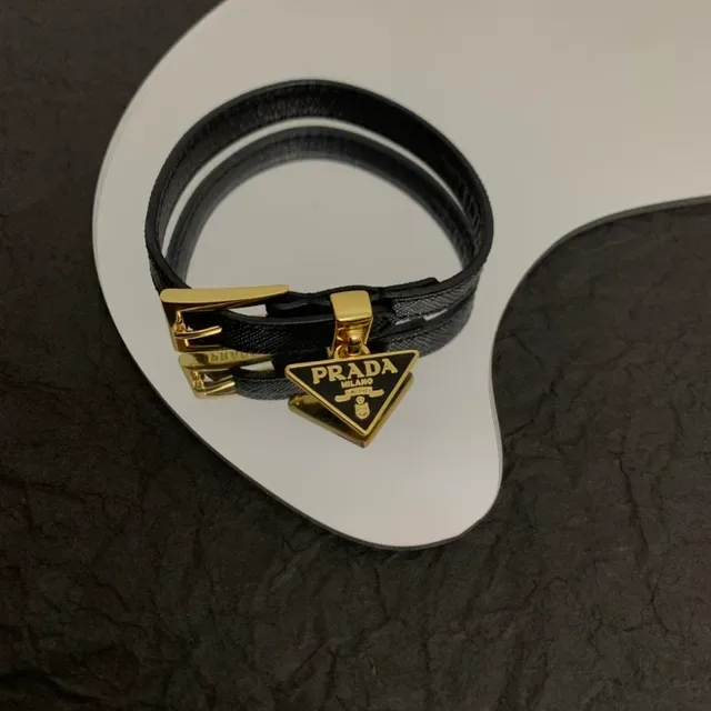 Prada Triangle Charm Double-Wrap Leather Bracelet 2