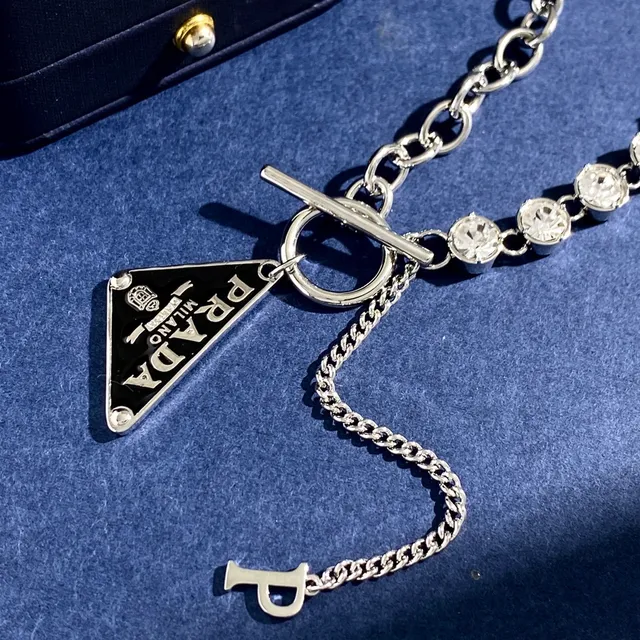 Prada Triangle Pendant Silver Black Chain Enamel Necklace 2