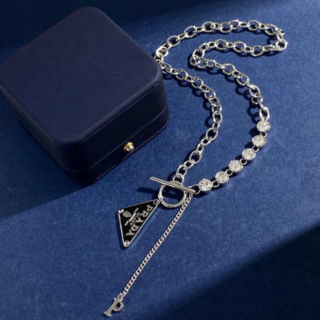 Prada Triangle Pendant Silver Black Chain Enamel Necklace 5