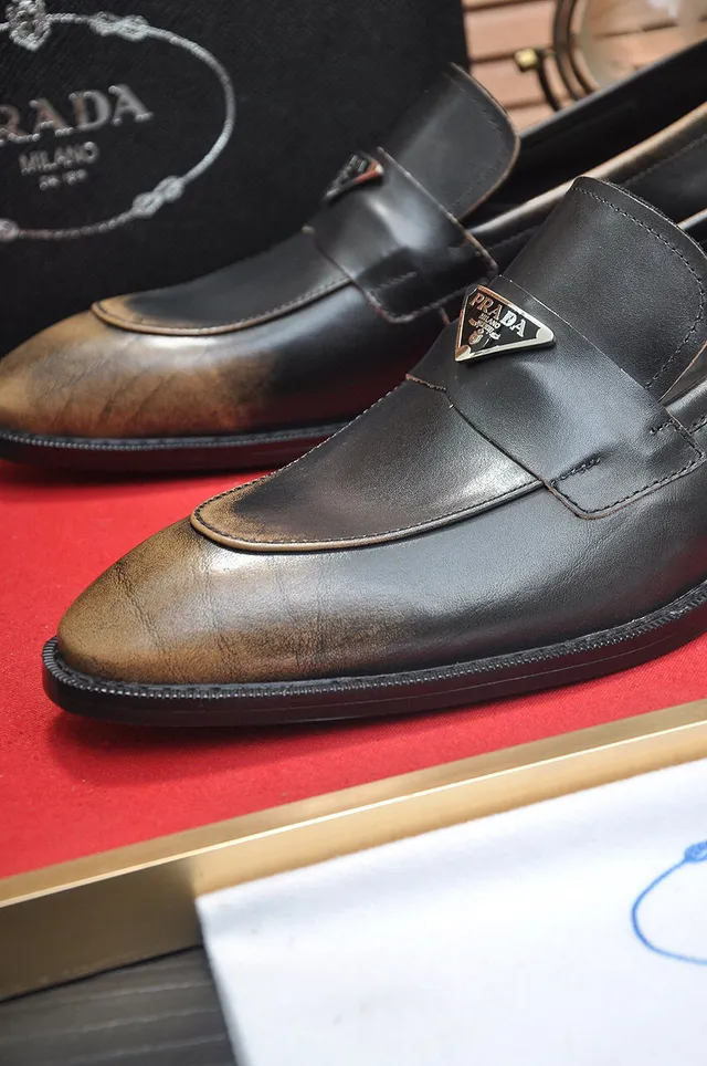 Prada Two-Tone Distressed Leather Penny Loafers 8