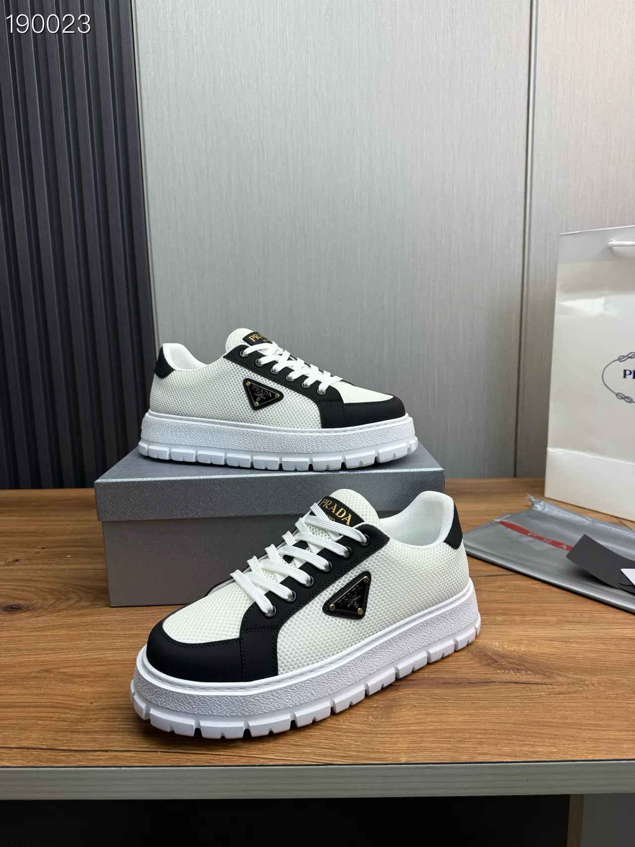 Prada White Black Mesh And Leather Paneling Triangular Logo Patch Chunky Sneakers 3