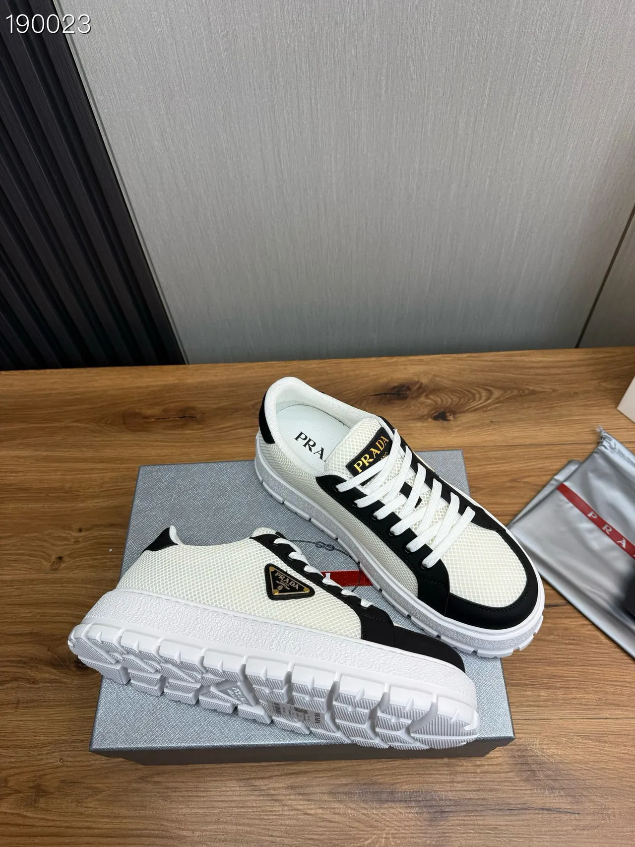 Prada White Black Mesh And Leather Paneling Triangular Logo Patch Chunky Sneakers 7