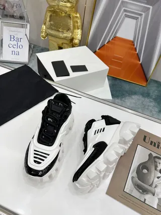 Prada White Black Sculpted Sole Sequined Toe Cap Chunky Sneakers 5