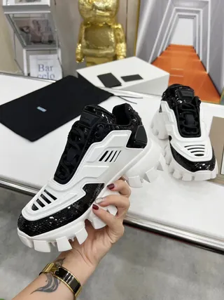 Prada White Black Sculpted Sole Sequined Toe Cap Chunky Sneakers 8
