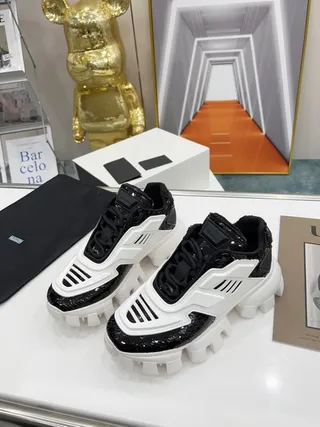 Prada White Black Sculpted Sole Sequined Toe Cap Chunky Sneakers 9