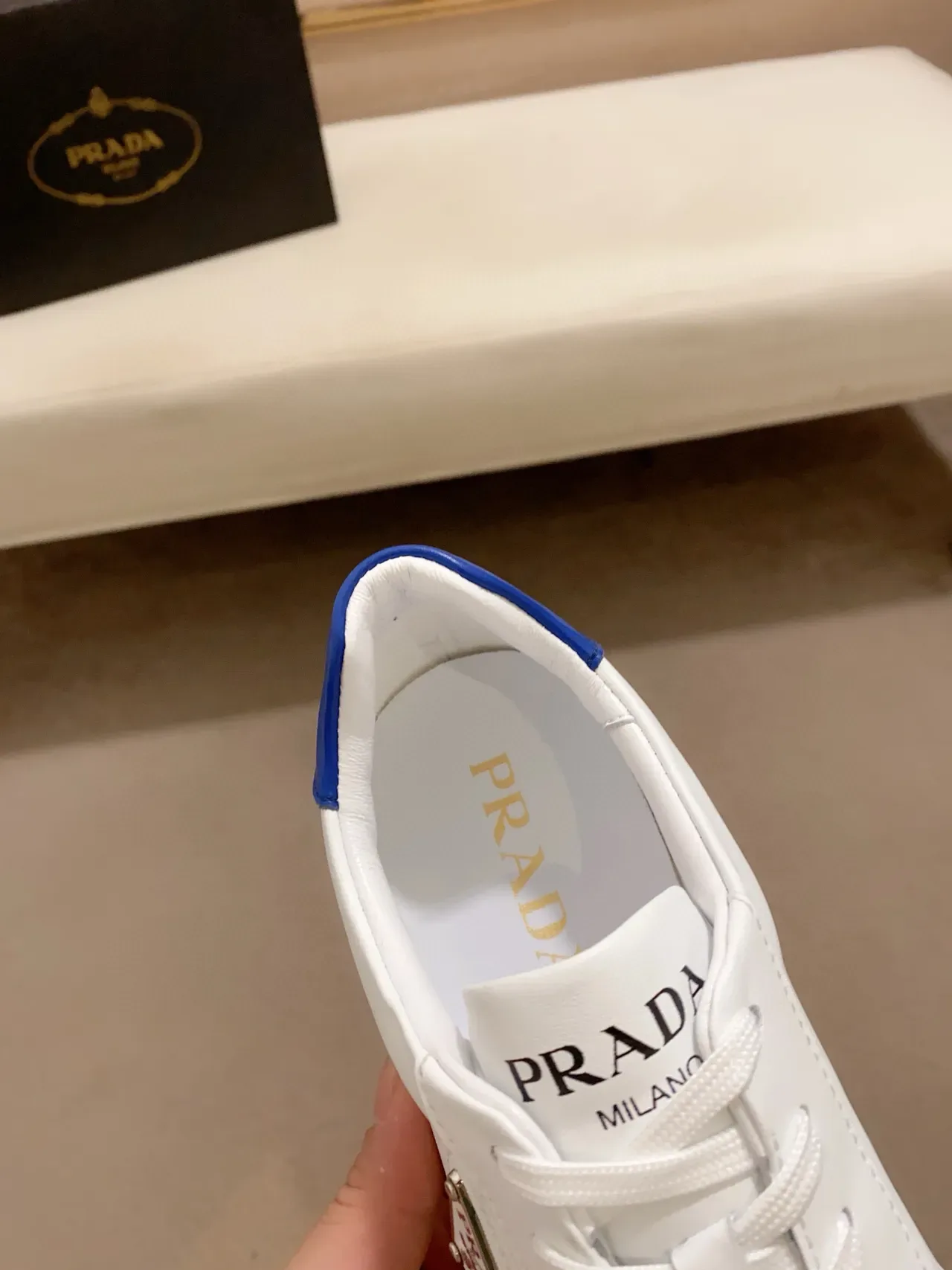 Prada White Blue Leather Upper Heel Accent Lifestyle Sneakers 3