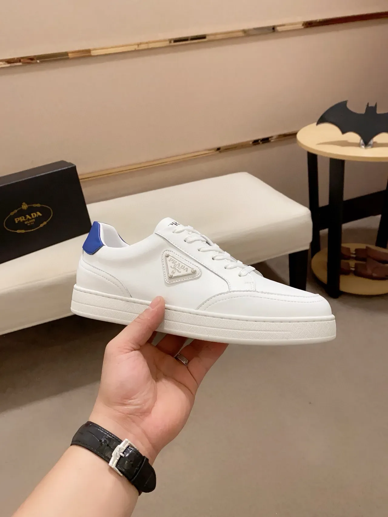 Prada White Blue Leather Upper Heel Accent Lifestyle Sneakers 4