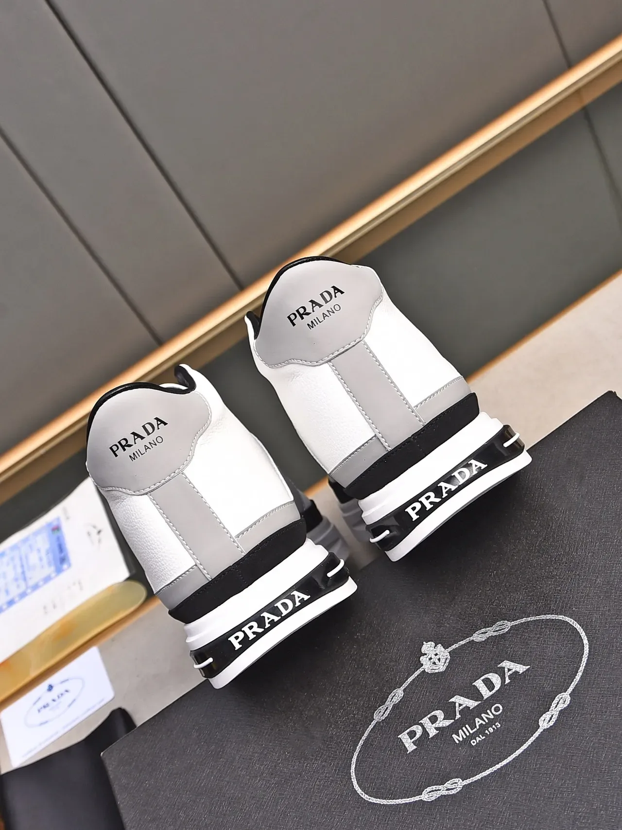 Prada White Gray High-Top Leather-Paneled Lifestyle Sneakers 3