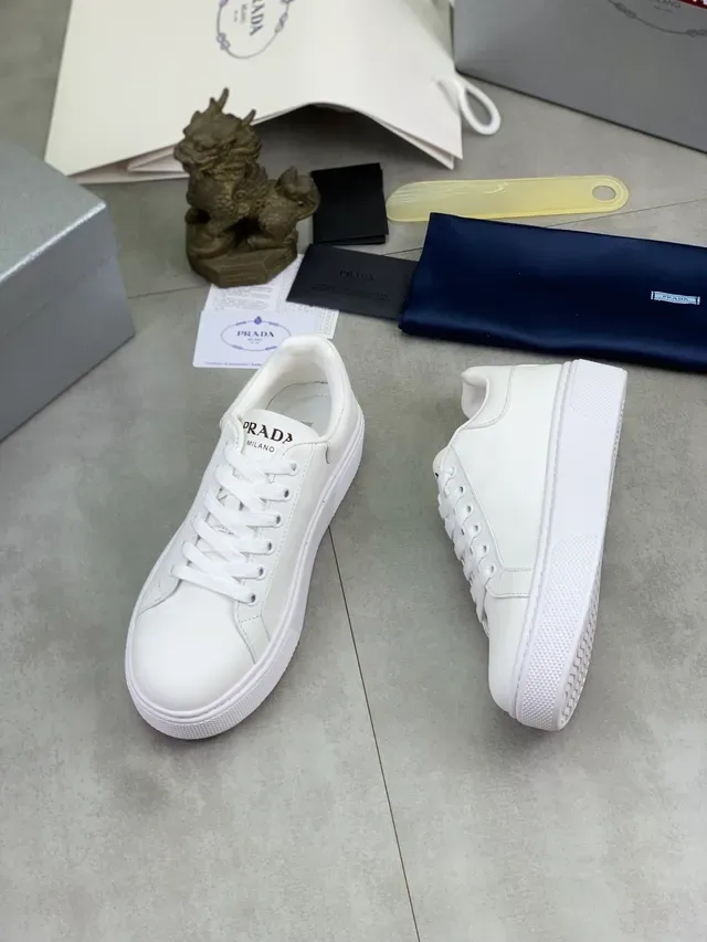 Prada White Minimalist Smooth Leather Lifestyle Sneakers 5