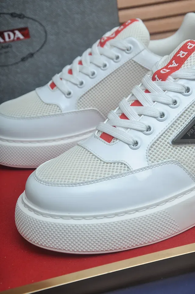 Prada White Red Leather And Mesh Upper Thick Textured Platform Sole Lifestyle Sneakers 2