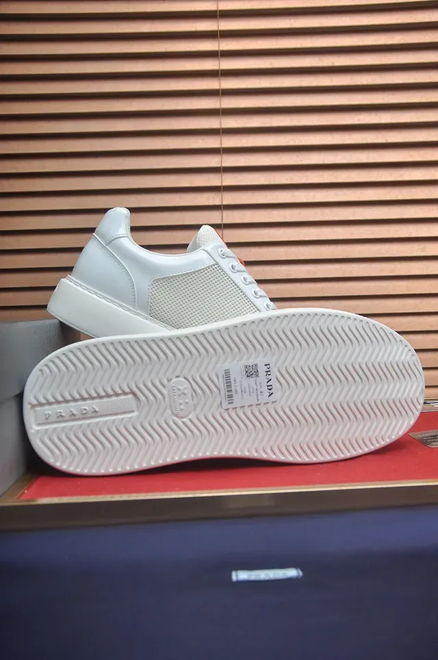Prada White Red Leather And Mesh Upper Thick Textured Platform Sole Lifestyle Sneakers 3