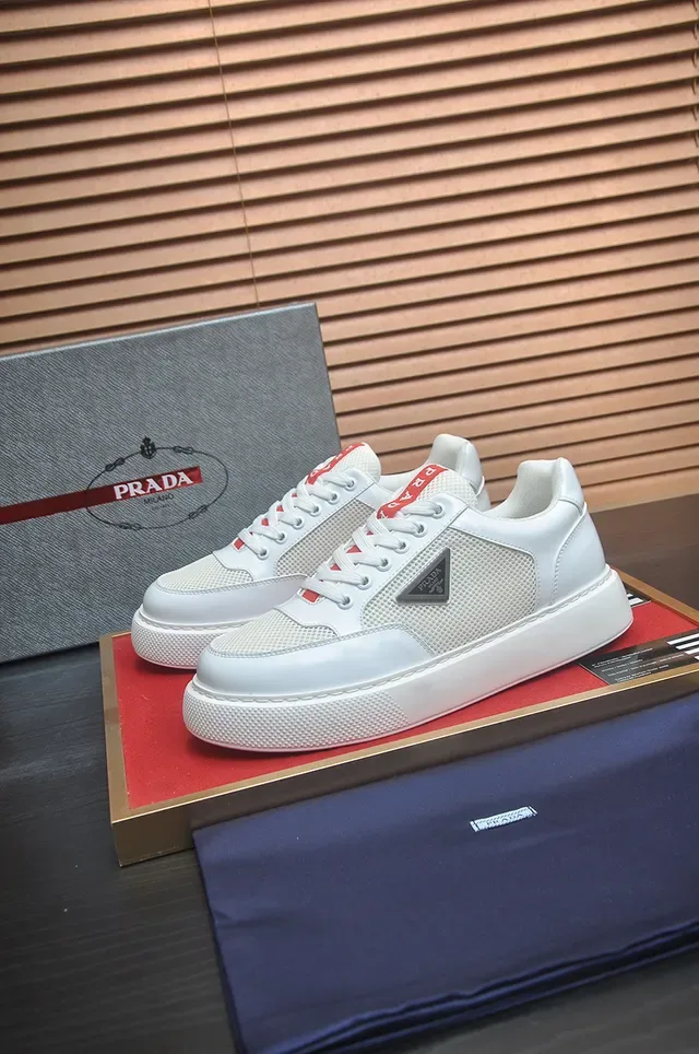 Prada White Red Leather And Mesh Upper Thick Textured Platform Sole Lifestyle Sneakers 4