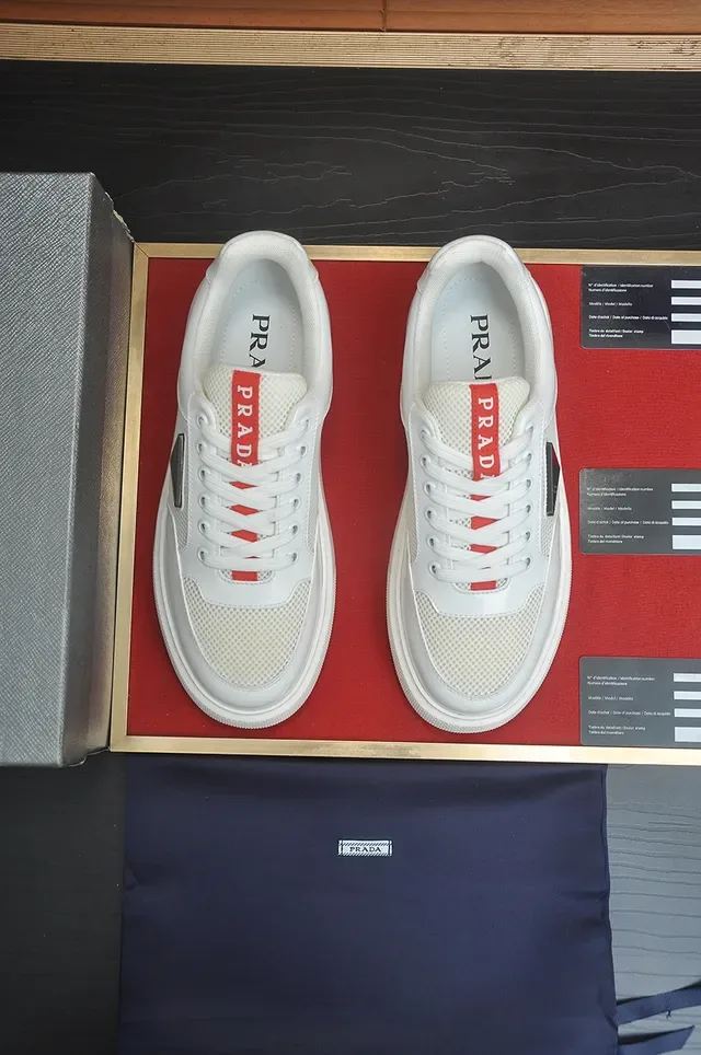Prada White Red Leather And Mesh Upper Thick Textured Platform Sole Lifestyle Sneakers 5