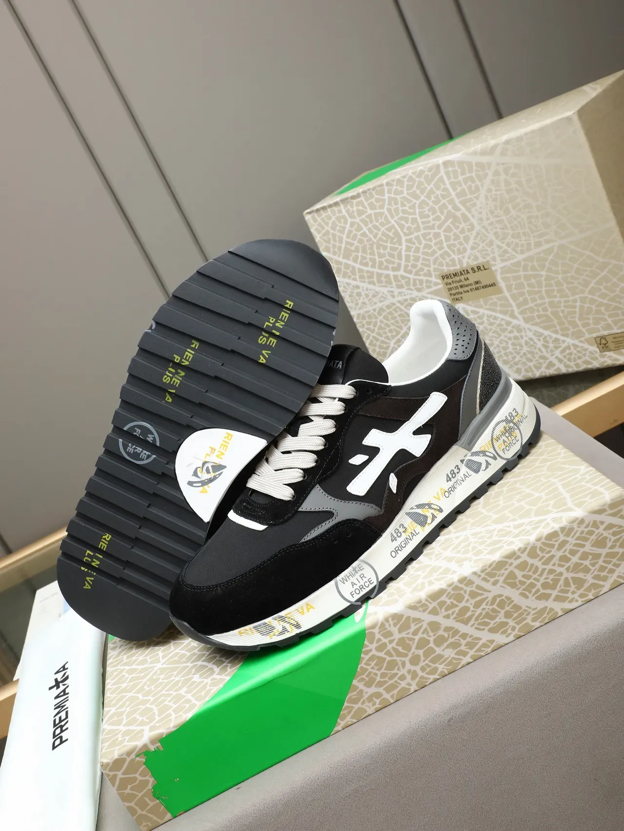 Premiata Black White Layered Suede And Mesh Upper Contrasting Logo Sneakers 5