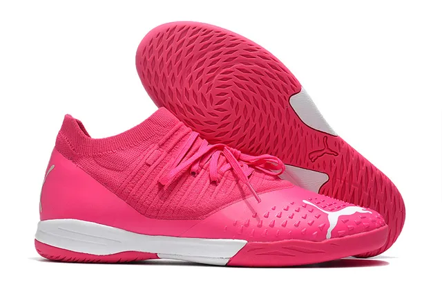 Puma Tênis de futebol indoor com upper de knit branco e laranja, overlays listrados bege 3