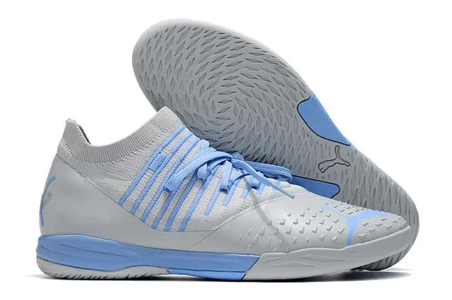 Puma Tênis de futebol indoor com upper de knit branco e laranja, overlays listrados bege 4